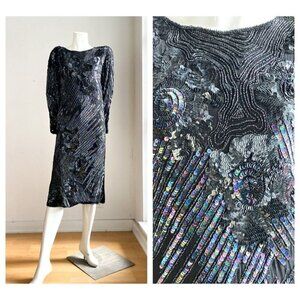 Vintage Silk Fully Beaded Geometric Floral Print Tunic  Dress S